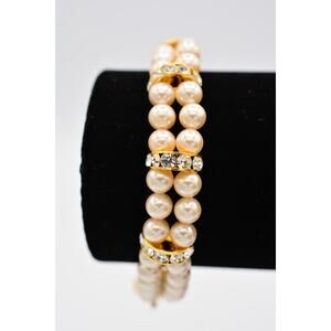 Vintage Bracelet Double Pearl Strand Rhinestone Crystal Gold Tone Signed Bin4